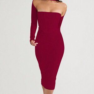 Burgundy Elegant Women's Long Sleeve Mesh Fitted Maxi Dress